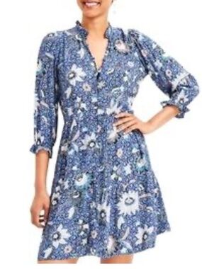 LOFT Floral Tiered Ruffle Button Front Long-Sleeve Dress, Size Medium